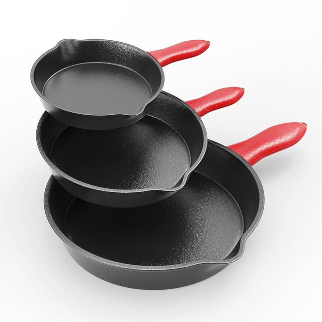 Cast Iron Skillet 3 piece set, cookware set 6, 8, 10 Inches, Cast iron for frying, saute, &more, easy use in the oven, stove, grill, or campfire, black, with silicone heat-resistant cover