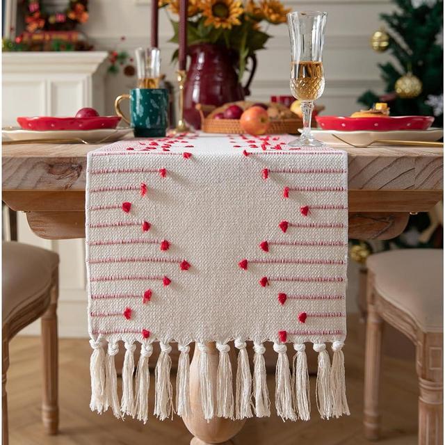 Caflife Christmas Table Runner 13 x 72 Inch Long Natural Cotton Woven Runner with Tassels for Home Dining Christmas Decorations, for Modern Farmhouse Holiday Boho Table Runner, Red and Beige