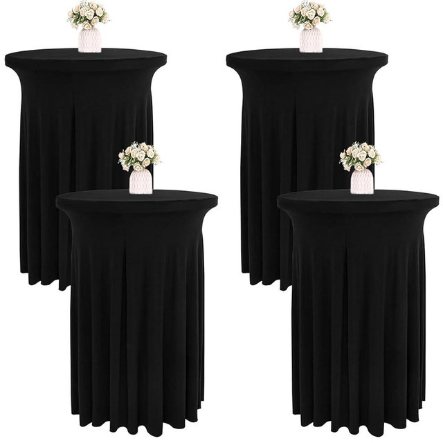 JALANCY 4 Packs 32 x 43 Inch Spandex Round Cocktail Table Skirts with Wavy Drapes Stretch Cocktail Tablecloth Fitted High Top Tables for Wedding Bar Party Banquet (Black)