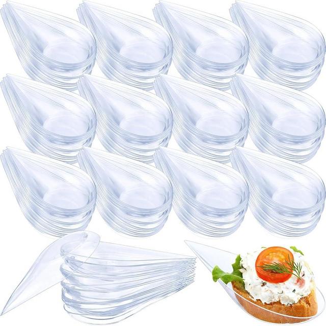 Gandeer 200 Pcs 4inch Tear Drop Mini Appetizer Plates Spoons Plastic Tasting Spoons, Dessert Bowls & Mini Dessert Containers Disposable Catering Supplies for Parties & Events (Clear)