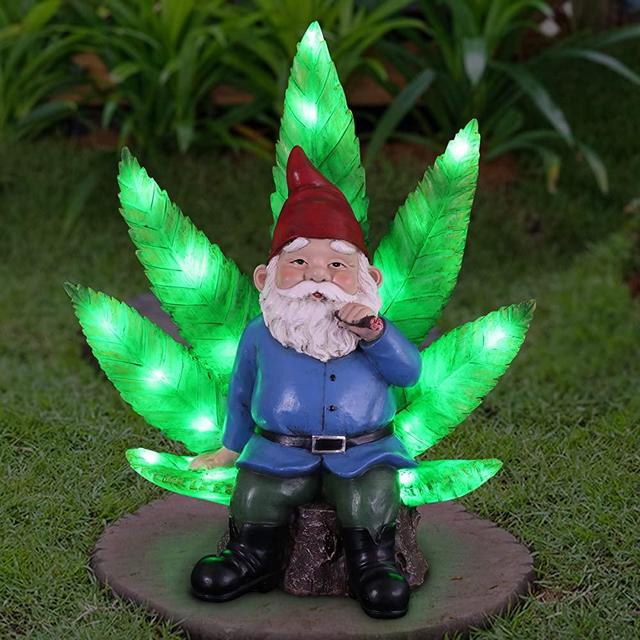 Exhart Light-Up LED Ganja Sitting Gnome Statue, Battery Timer, Durable Resin Décor, 11"x6"x12"