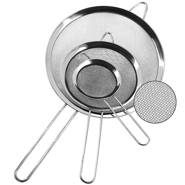 Anaeat Fine Mesh Strainers - Premium Stainless Steel Colander Sieve Sifters, with Durable Mesh and Sturdy Handle, Excellent for Sifting Dry ingredients, Flour, Pastas, Rice, Tea (3.15"+5.5"+7.87")