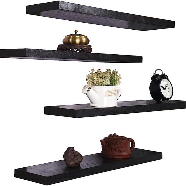 HXSWY 24 Inch Rustic Floating Shelves Wall Mounted Farmhouse Wooden Wall Shelf for Bathroom Kitchen Bedroom Living Room Set of 4 Black