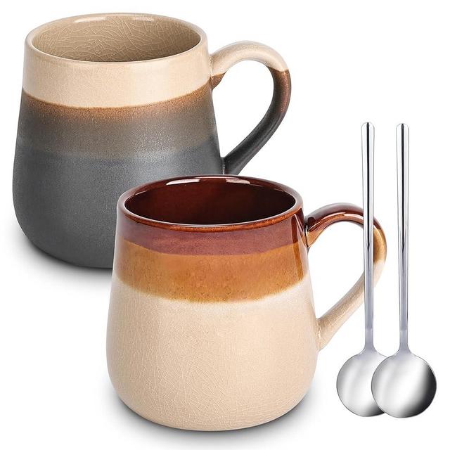 LINVIA Reactive Glaze Mug, 16 oz Ceramic Coffee Cup for Tea Latte Cappuccino, Unique Crackle Pattern, Rustic Stoneware Teacup with Large Handle (Set of 2, Earth and Autumn)