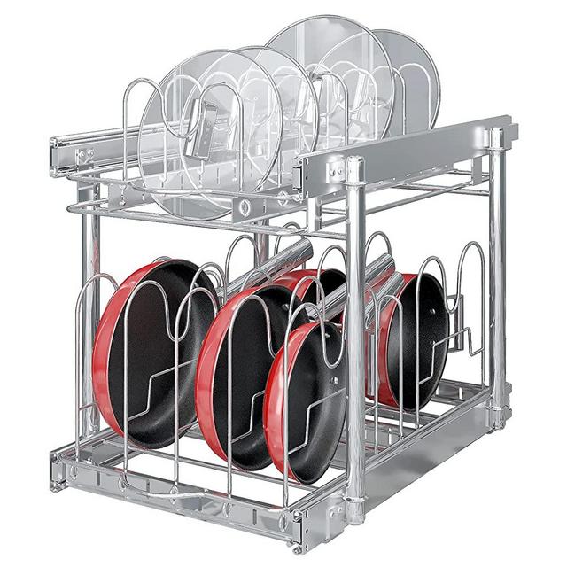 TQVAI Pull Out Cabinet Drawer Organizer, Sliding Pots and Pans Organizer, 14.1"W x 21.25"D x 18.6"H - Separate Full-Extension Guide Rail - Cabinet Request at Least 15"W x 22.5"D x 22.5"H, Chrome