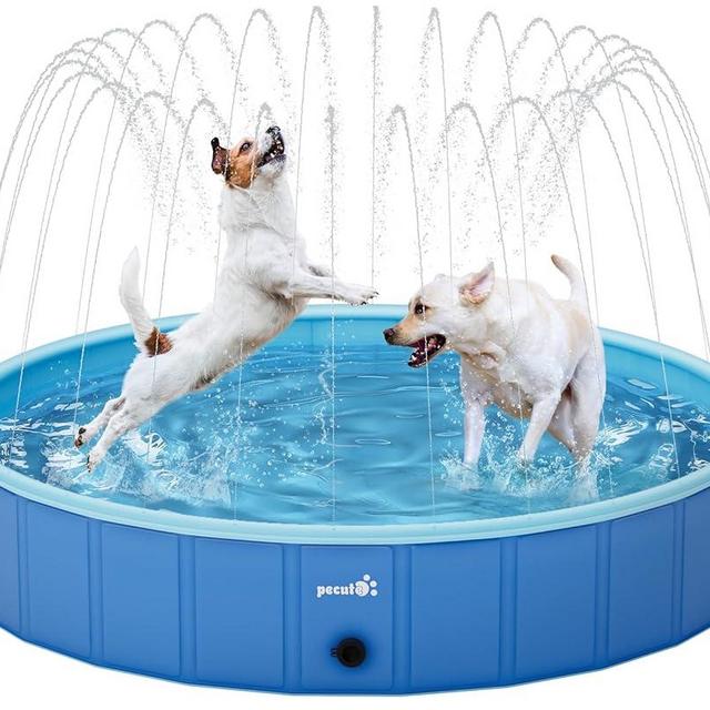 Pecute Foldable Dog Pool with Sprinkler, Portable Kiddie Pool Hard PVC, Multifunctional Dog Swimming Pool Splash Wading Pool, Non-Slip Pet Bathing Tub, Great for Backyard Outdoor Travel 62" x 12"