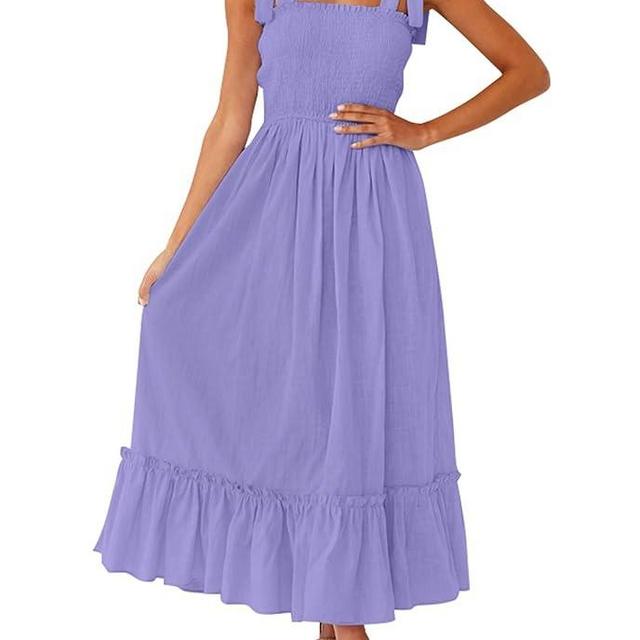 ZESICA Women's 2023 Summer Boho Spaghetti Strap Square Neck Solid Color Ruffle A Line Beach Long Maxi Dress