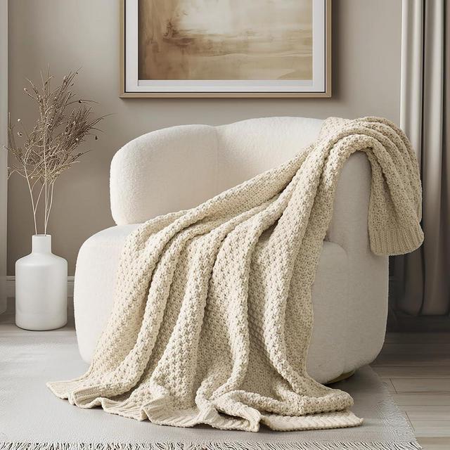 EVERGRACEHOME Chunky Chenille Knit Throw Blanket for Couch, Soft Luxurious Moss Stitch Blankets for Bed, Cozy Decorative Farmhouse Knitted Throws for Sofa, Beige, 50" x 60"