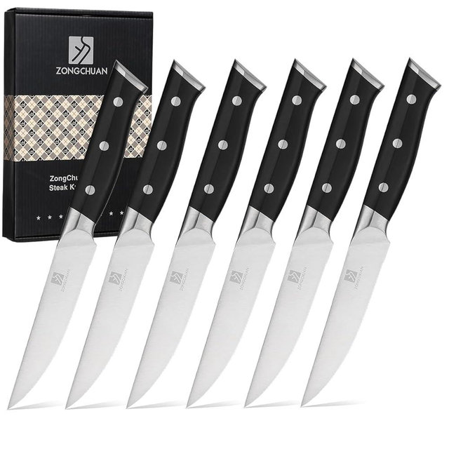 Steak Knives,4.5 Inch Steak Knives Set of 6, Micro-Cutting Point Serrated Edge, Very Sharp Steak Knife, Dishwasher Safe, 50CR15MOV Stainless Steel, Handle Ergonomic And Full Tang Design With Gift Box