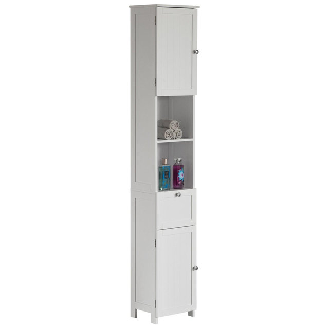 Basicwise White Tall Standing Bathroom Linen Tower Storage Cabinet for Bathroom and Vanity