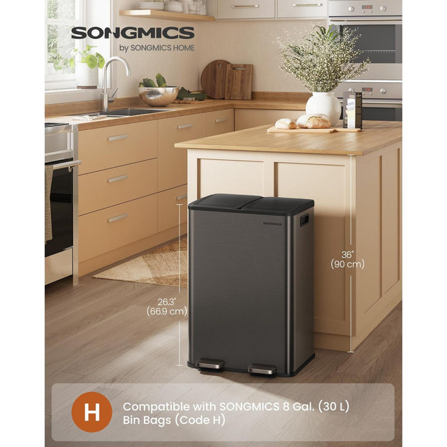 Dual 8-Gallon Trash Can - Stainless Steel Step Pedal Bin with 2 Removable Buckets & 15 Bags, Soft-Close Lid, Slate Gray