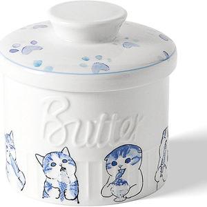 Toptier Butter Crock for Counter With Water Line, On Demand Spreadable Butter, Ceramic Butter Keeper to Leave On Counter, French Butter Dish with Lid (Hungry Cat)