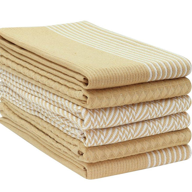 PurpleEssences 6-Pack Kitchen Towels 15x25 Inch, 100% Cotton Waffle Weave - Absorbent, Reusable Dish & Hand Towels with Hanging Loop for Home & Bar Use Spring Easter Summer - Assorted - Tan