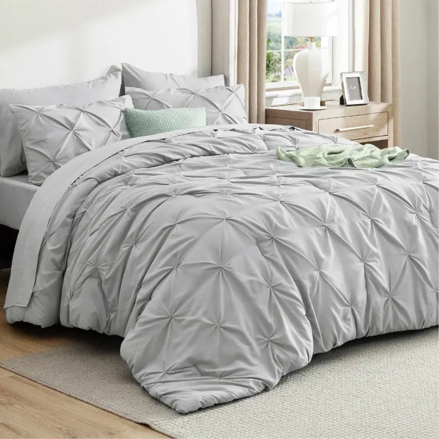 Bedsure Bed in a Bag Comforter Set with Sheets, 7pcs Solid Diamond Pintuck All-Season Bedding, Soft Light Grey Queen Bedding Set, Gift for Family