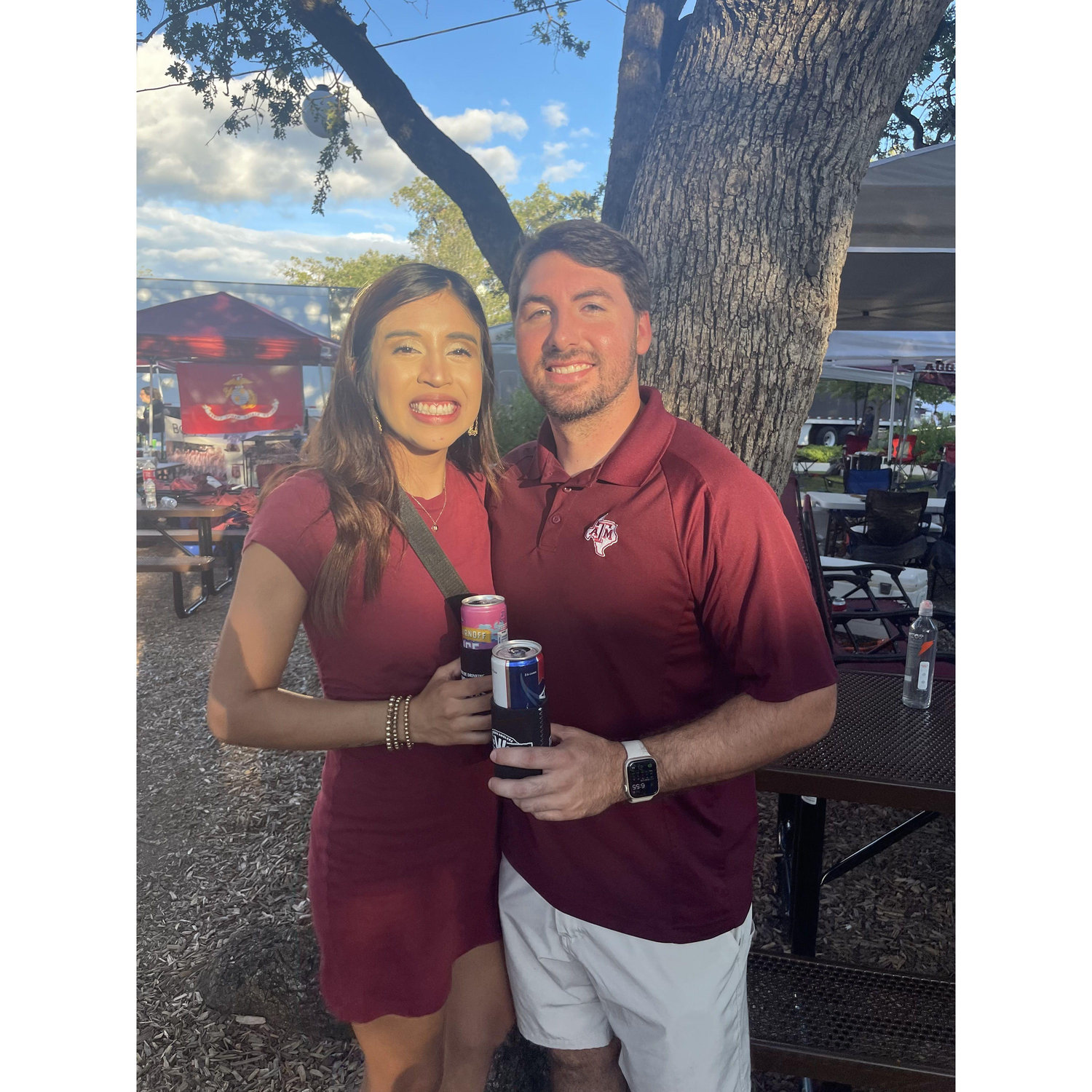 Tailgating like true Aggies—good food, good friends, and Hutch cheering loud enough for both of us!