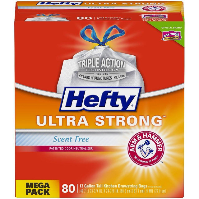 Hefty Ultra Strong Tall Kitchen Trash Bags, Unscented, 13 Gallon, 80 Count