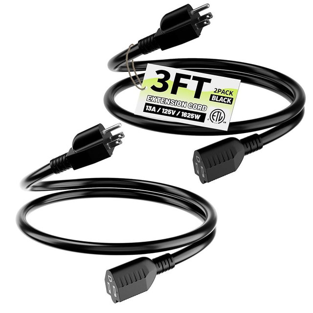 16/3 Black Indoor Outdoor Extension Cord 3 Ft 2 Pack Waterproof, Heavy Duty Extension Cord with 3 Prong Grounded Plug,13A 1625W 16AWG SJTW, Flexible Weatherproof Power Cable
