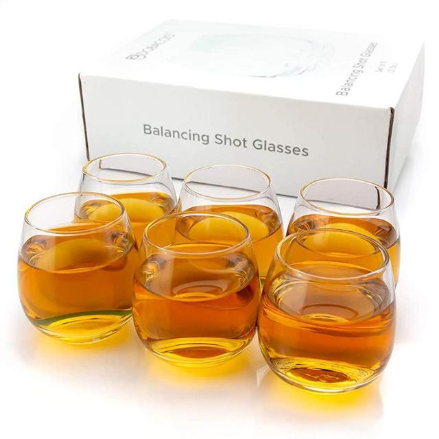 Cool Shot Glasses, Round Balancing Heavy Base Clear Glass, Tequila Vodka and Liquor Mini Cups, 2 oz. Set of 6