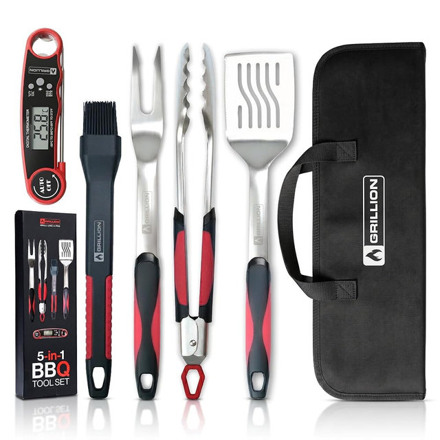 GRILLION 5PCS Grilling Tools for Outdoor Grills - Premium Grilling Utensil Set - Spatula, Tongs, Fork, Thermometer & Brush with Carrying Bag - BBQ Grill Sets for Men - BBQ Grill Accessories Gifts