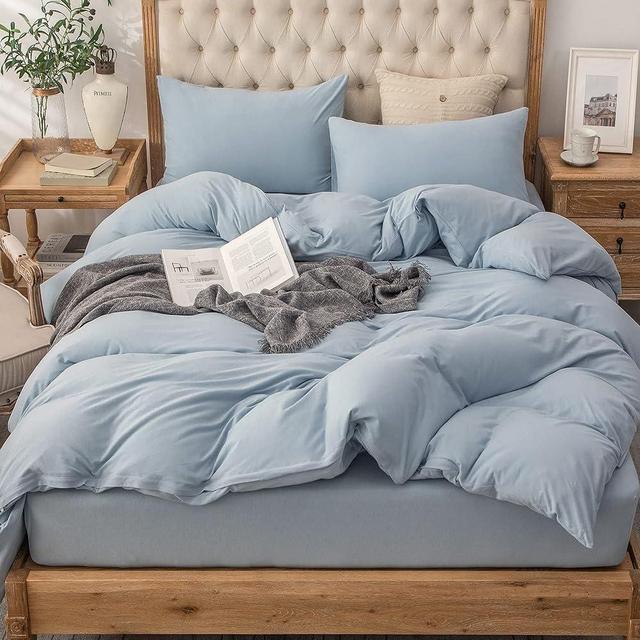 PURE ERA Jersey Knit Duvet Cover Set 100% T-Shirt Cotton Super Soft Comfy 3pc Bedding Set with Zipper Closure (Solid Light Blue, Queen)
