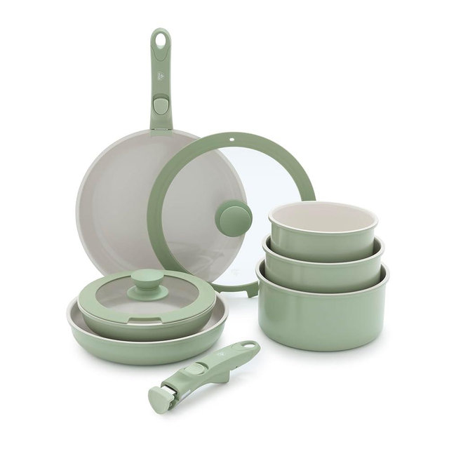 GreenLife Click 10-Piece Ceramic Nonstick Cookware Set, Detachable Handle, Stackable Space Saving Kitchen Essential, Non Toxic PFAS-Free Pots & Pans, Induction & Oven Safe, Glass Lid, Sage Green