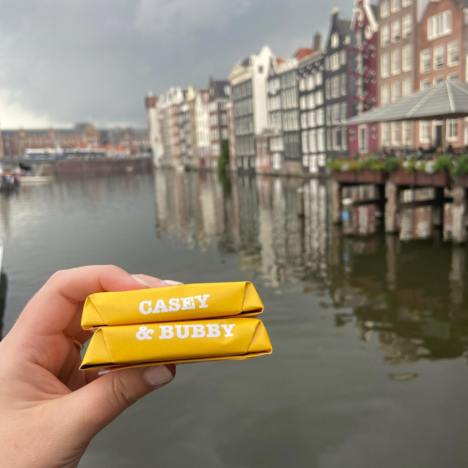 Our custom chocolate we made at Tony's Chocolonely in Amsterdam with Casey's silly pet name for Kat.