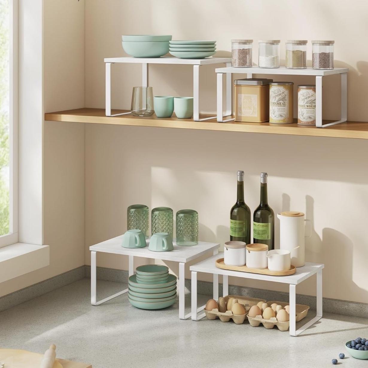 SONGMICS Cabinet Organizer Shelf, Set of 2 Kitchen Counter Shelves, Kitchen Storage, Spice Rack, Stackable, Expandable, Metal and Engineered Wood, Cloud White and Snow White UKCS02W01