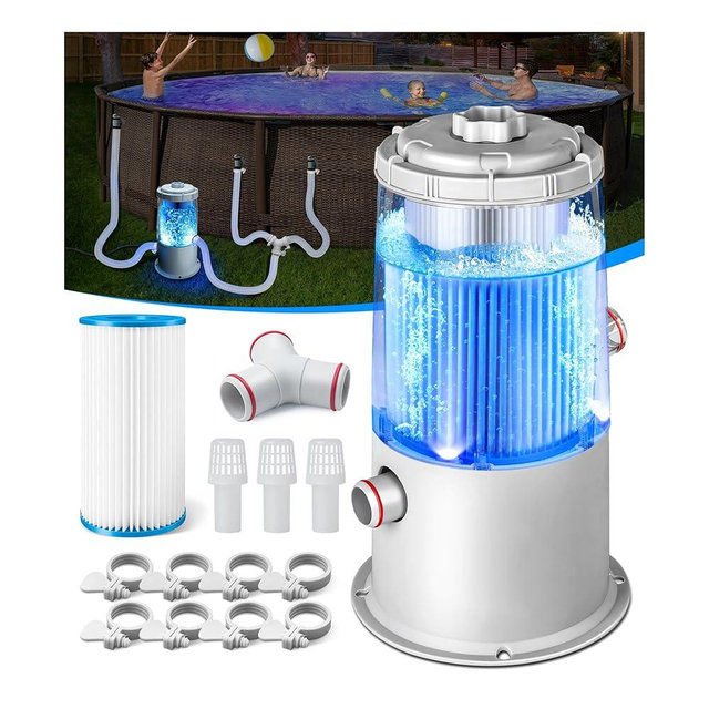 KimPump 1000 GPH Light-Up Pool Filter Pump for Above Ground Pools | Built-in Blue LED Light, Transparent Housing for Real-Time Water Circulation & Filtration Monitor, Pool Cartridge Filter Pump System
