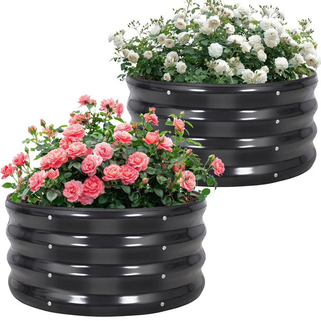Permade Galvanized Raised Garden Bed- 2Pcs Metal Planter Boxes Outdoor | 12" Tall 24" Round Steel Raised Bed Kit & Fire Pit Ring for Gardening with Protective Tape for Vegetables, Flower (Grey)