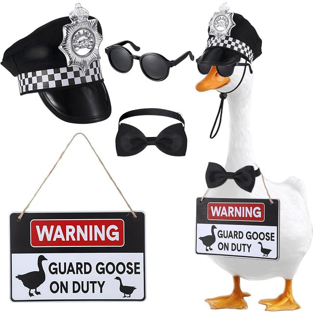 Hoemwarm 4 Pcs Police Porch Goose Outfits Include Goose Police Hat Bow Tie Eyeglasses Wooden Gooses Warning Sign Danger Guard for 23" Statue Patio Lawn Garden Decoration
