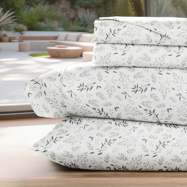 Delicate Blossoms Floral Patterned Ultra-Soft 4 Piece Bed Sheet Set - Becky Cameron, Tossed Foliage Eucalyptus, Full
