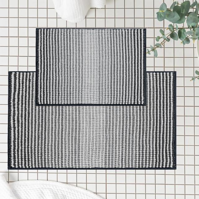 FRESHMINT Ombre Chenille Bathroom Rugs Sets 2 Piece, Non-Slip Bath Mats Set for Bathroom Floor, Soft Bath Rugs Set of 2, Absorbent & Washable Soft Room Shower Mat (17"x24"+20"x32", Black)