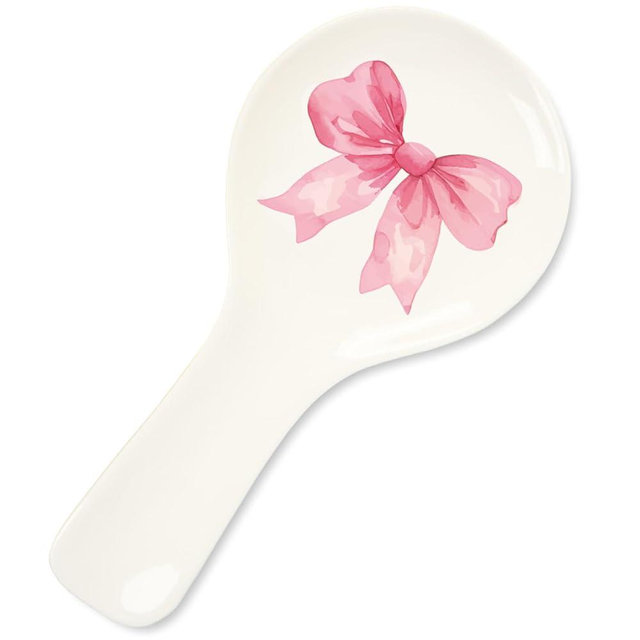 Whaline 9.4 Inch Pink Bow Spoon Rest White Pink Bowknot Ceramic Spoon Holder Cute Coquette Cooking Spoon Holder for Stove Top Kitchen Counter Decor