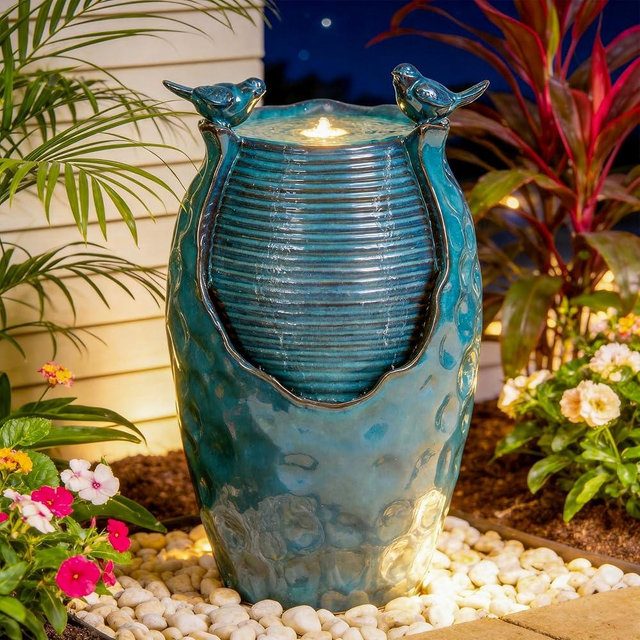 Autodaya 24.8" H Ceramic Jar Outdoor Water Fountain with LED Lights & Bird Accents, Elegant Turquoise Glaze with Bubble-Like Texture, Decorative Garden Water Feature
