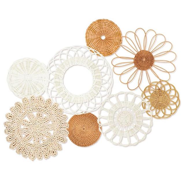 Boho Wall Basket Decor Set of 8,Rattan Flower Wall Decor,Flat Woven Baskets Wall Hanging Decor,Boho Wicker Seagrass Wall Decor,Unique Boho Wall Basket Decor (Rattan Classic)