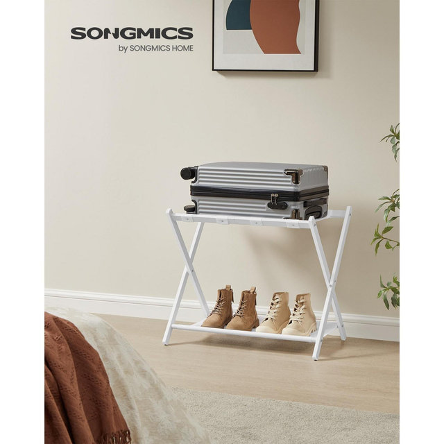 Set of 2 Foldable Luggage Racks - Steel Frame with Storage Shelves, 154 lb Capacity, for Hotels/Bedrooms, Cloud White