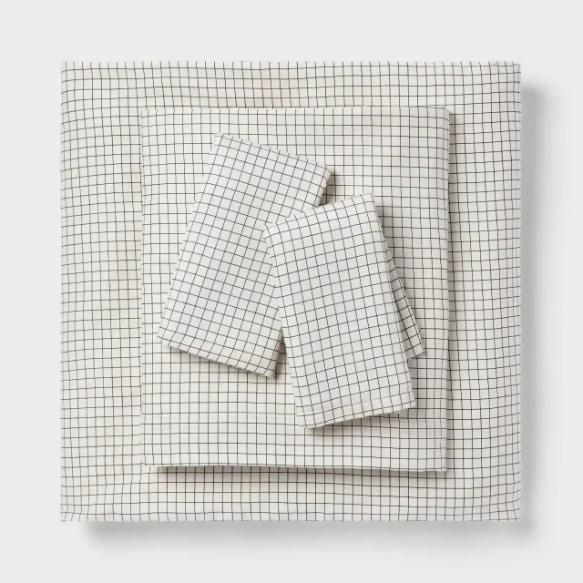 Queen Cotton Blend Sateen Sheet Set Ivory Micro Grid - Room Essentials™