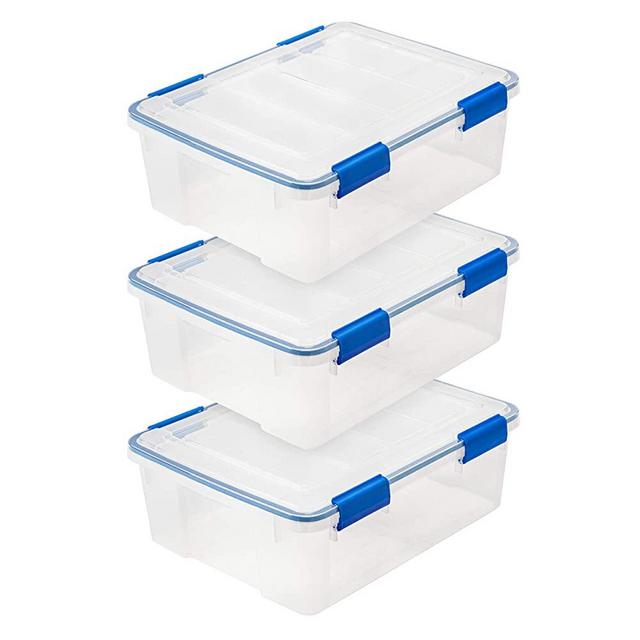 IRIS USA WSB-S WEATHERTIGHT Multi-Purpose Storage Box, 26.5 Quart, Clear with Blue Buckles, 3 Count