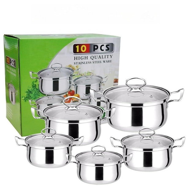 5 Piece Stainless Steel Cookware Set - Tempered Glass Lids, Ergonomic Handles & Thickened Base - Compatible with Gas, Electric, Halogen, Ceramic & Induction Hobs (Silver Handle)