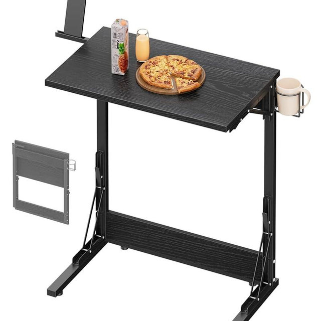 Tatub 24" Folding TV Tray Table, Foldable C Shaped End Table for Couch, TV Dinner Tray with Cup Holder, Small Sofa-Side Laptop Desk for Living Room Bedroom, Black