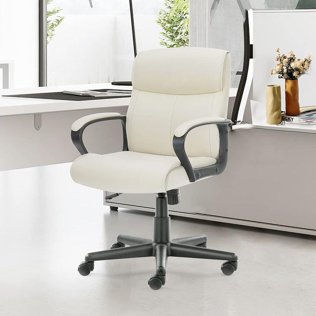 Sweetcrispy Ergonomic Office Chair Adjustable Height 360° Swivel Rolling Executive Computer Task Chairs with Padded Armrests, PU Leather, Cream White