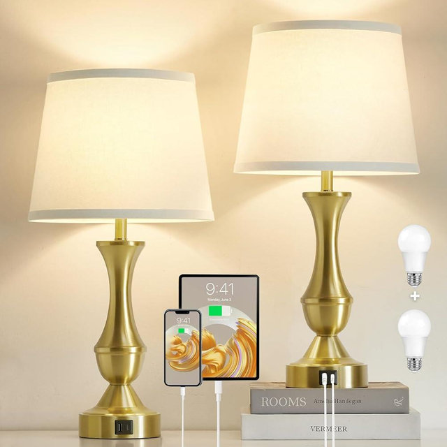 Luvkczc 22" Gold Table Lamps Set of 2 - Modern Luxury Bedside Lamps with White Fabric Shade, Dimmable & Dual USB C+A Ports, Nightstand Lamps for Bedroom/Living Room (Bulb Included)