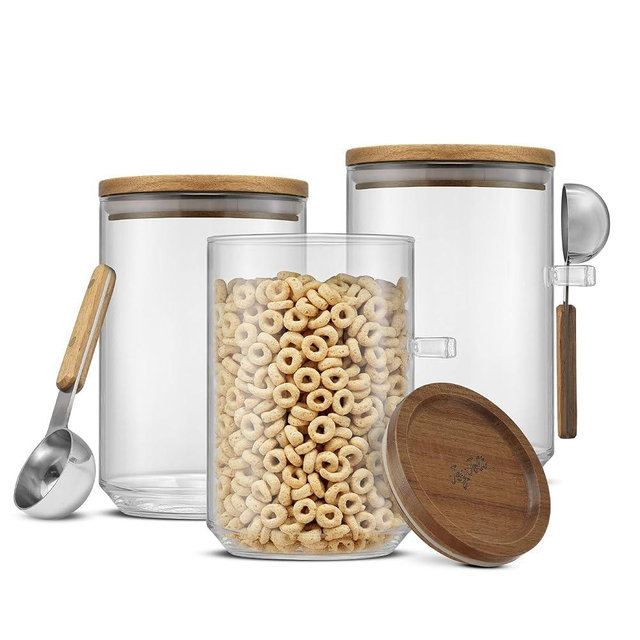JoyJolt Holden 32oz Stackable Glass Storage Containers with Lids and Scoops, Airtight Food Canister Set of 3 w/Acacia Wood Lids, Round Stacking Pantry and Kitchen Containers w/Scoop | Clear