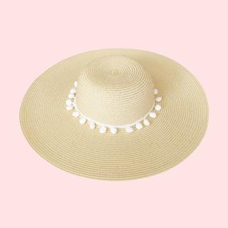 Sun Hat with White Pom Poms