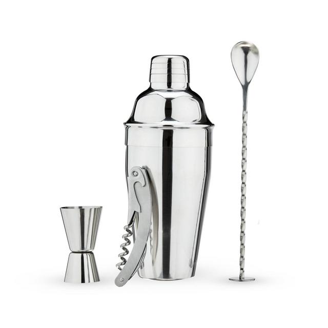 True 4-Piece Barware Set, Cobbler Shaker with Cap and Strainer, Double Jigger, Muddler, Bar Spoon, Corkscrew, Cocktail Kit, Stainless Steel, Silver