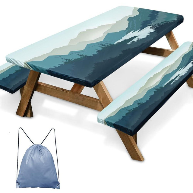 Britown Picnic Table Cover with Bench Covers Elastic Edges, Mountain Landscape Fitted Table Cover, Outdoor Patio Camping Essentials 96 Inch 3PCS, Waterproof Fitted Tablecloth with Drawstring Bag