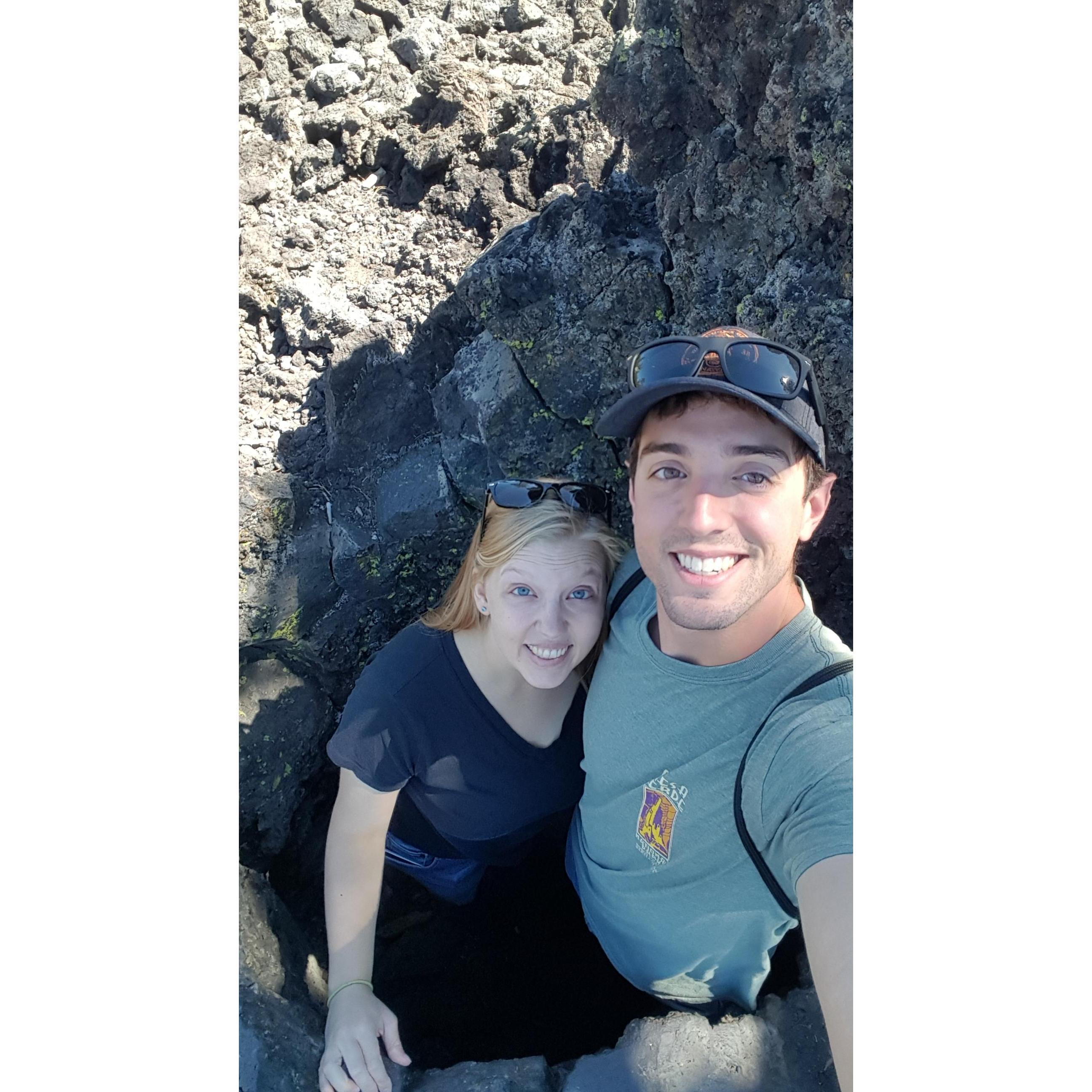Standing where a tree was once encased by lava, from our 2018 trip to Newberry Volcanic Monument