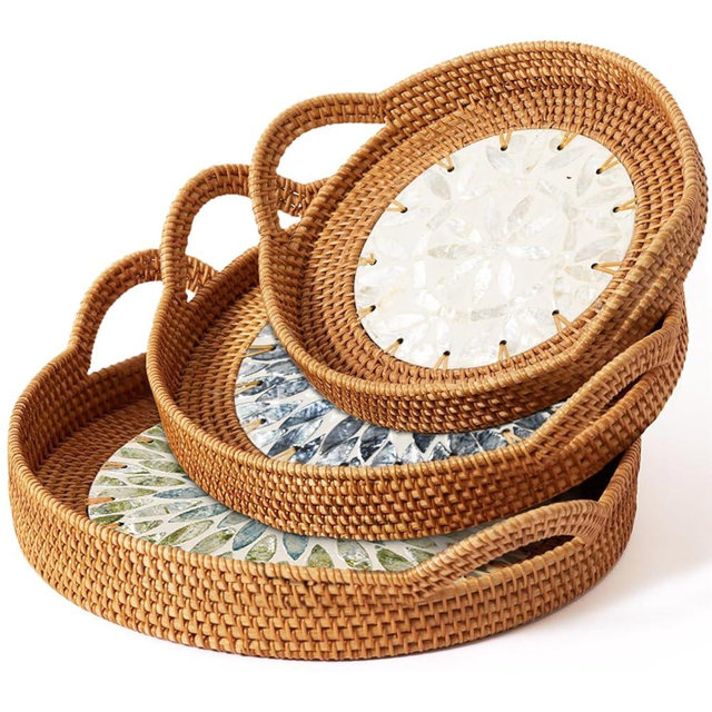 Christmas Gift Set – 3 Handwoven Rattan Trays with Natural Shell Inlay, Boho Decorative Wicker Serving & Coffee Table Trays with Handles for Home Decor, Candles, Snacks & Holiday Entertaining