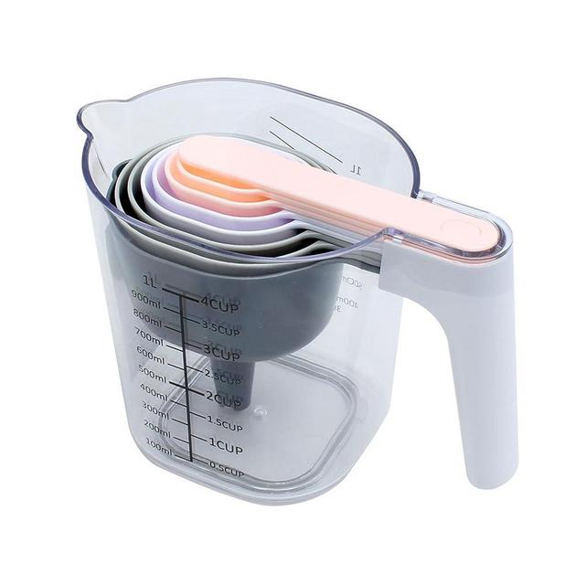 COOK WITH COLOR Measuring Cup Set - 9 PC. Nesting Stackable Liquid Measure Cup, Dry Measuring Cups and Spoons with Funnel and Scraper (Grey and Pink)
