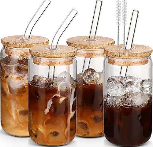 Glass Cups with Lids and Straws 4pcs Set-DWTS DANWEITESI 16oz Iced Coffee Cups,Glass Coffee Cups with Lids and Straw,Beer Can Glass with Lids and Straw